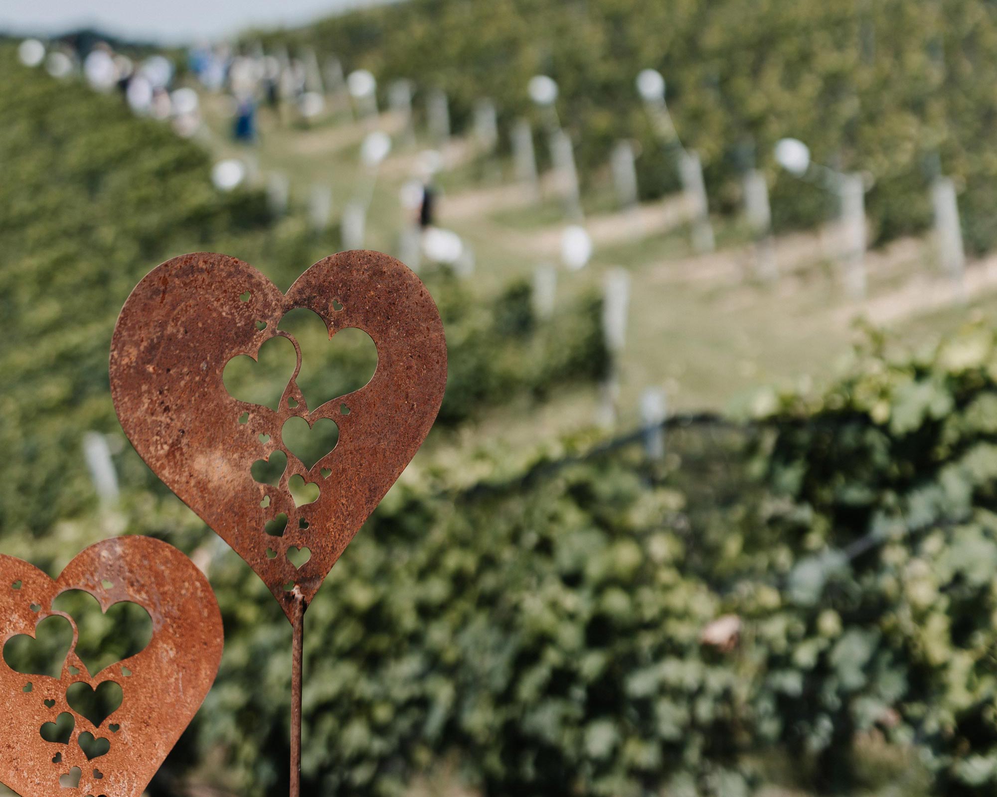 Rostiges Herz-Dekoelement vor Weingärten in der Südsteiermark – Symbol für Genuss, Ruhe und Verbundenheit zur Region.
