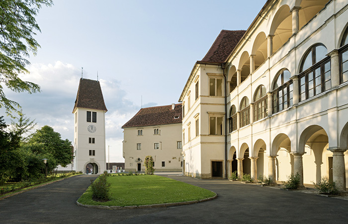 Schloss mit Turm und Arkadengang vor bewölktem Himmel und Rasenfläche